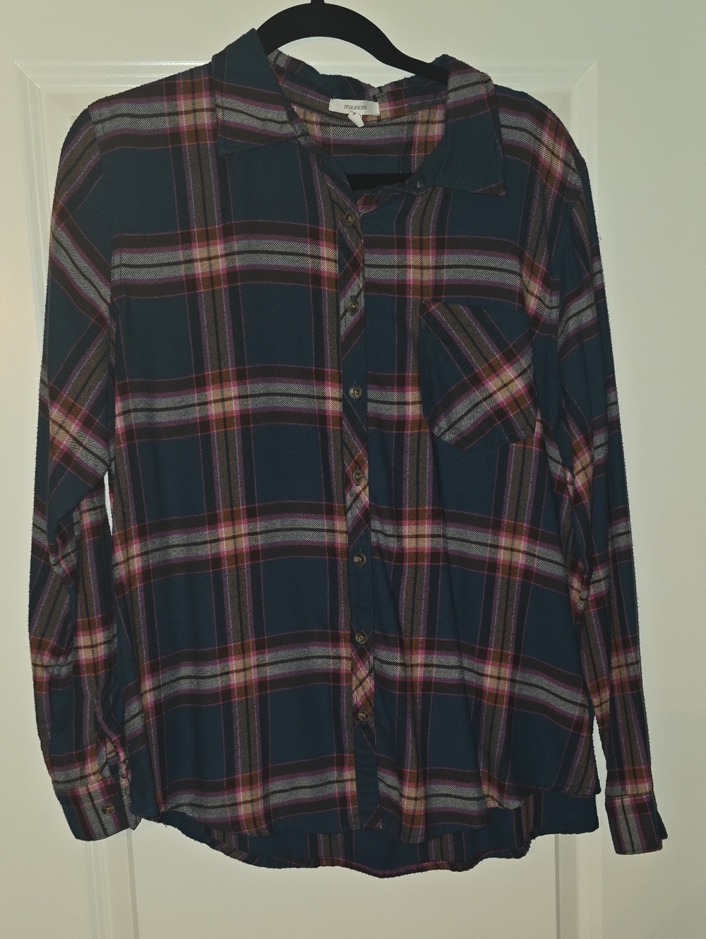 Maurices Navy Plaid Button-Down Shirt with Pink and Gray Stripes XL